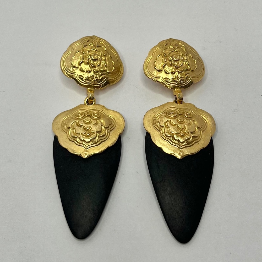 Vintage Signed Lazuli Big Bold Gold Tone & Black Dangle Post Earrings